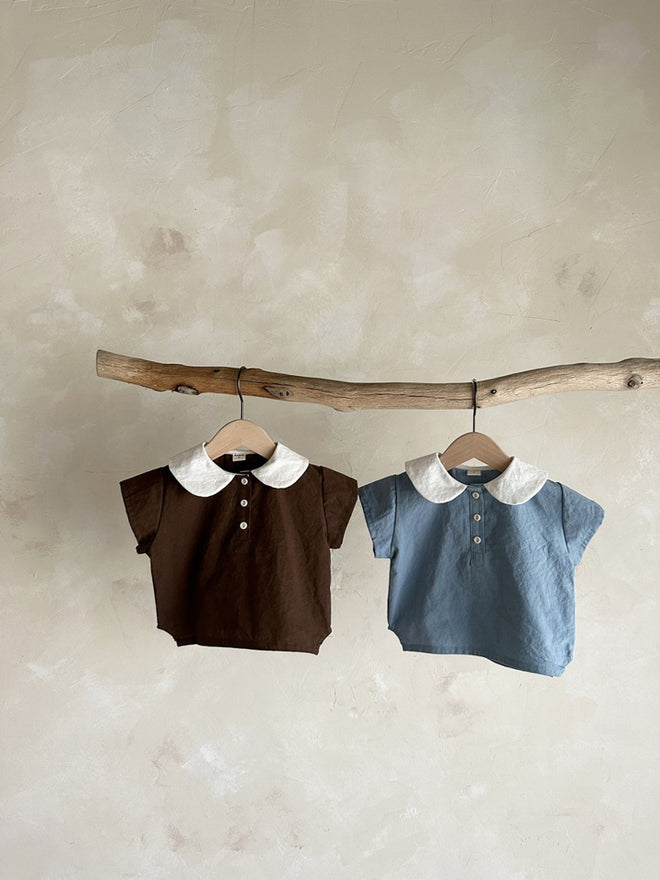 White Round Collar Shirt - Blue