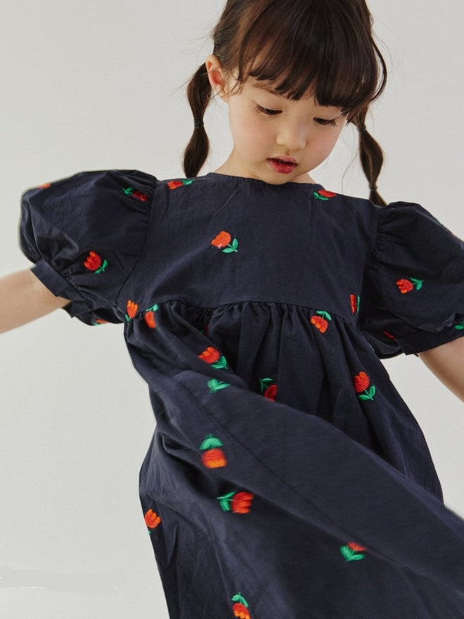 Tulip Embroidery Dress - Navy