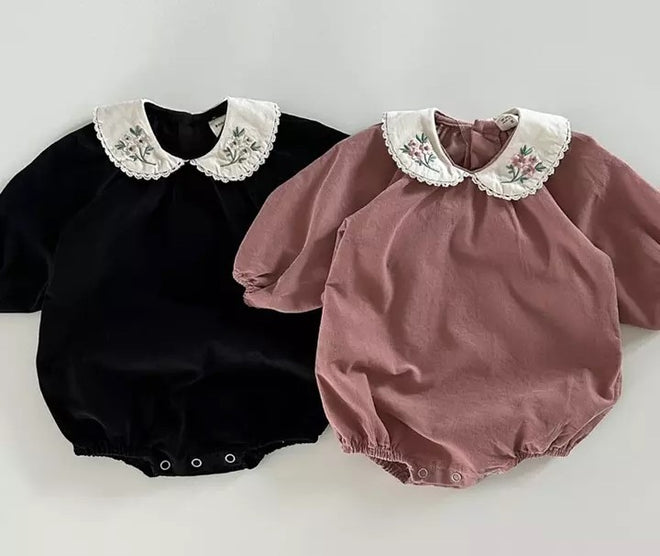 Embroided Flower Collar Bodysuit -Black