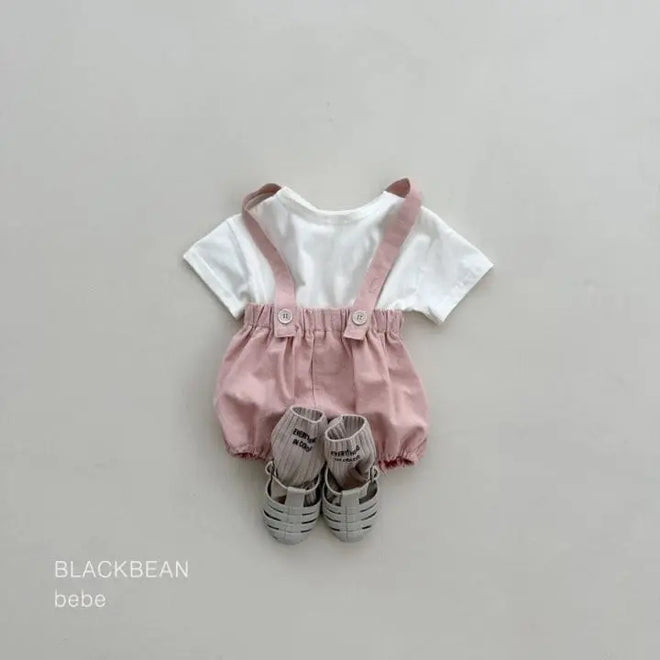 Mari Dungarees Top Bottom Set - Pink-ivory-tee