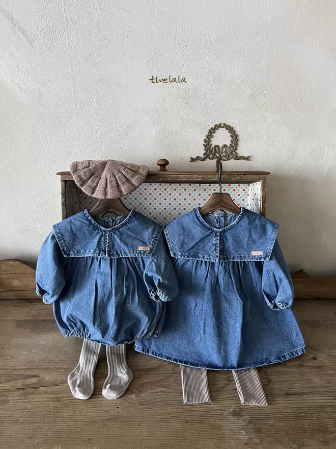 Collar Denim Romper - Dark Denim