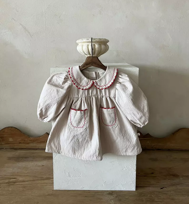 Red Stitching Dress - Light Beige