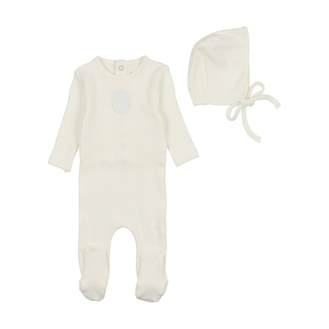 Bee & Dee Pointelle Engraved Plaque Footie/Bonnet - Snow White