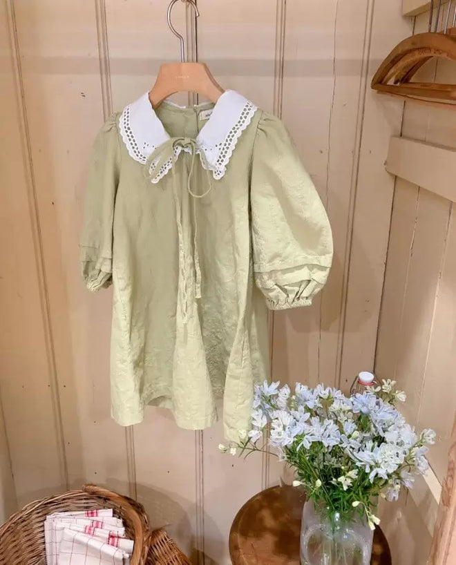 Tie Collar Dress - Lemon green