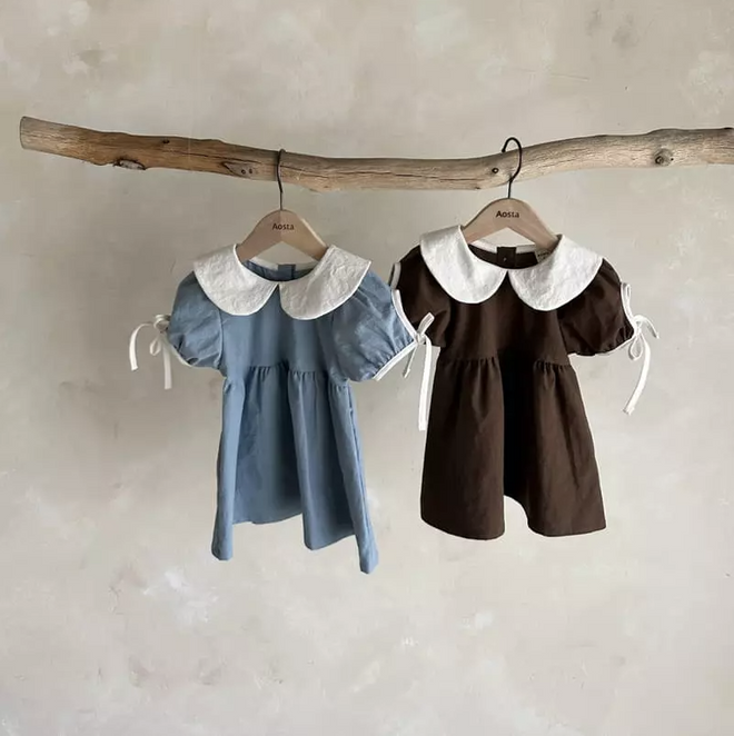 White Round Collar Dress - Blue