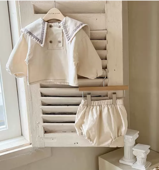 Double Button Bloomers 2PC Set - Natural