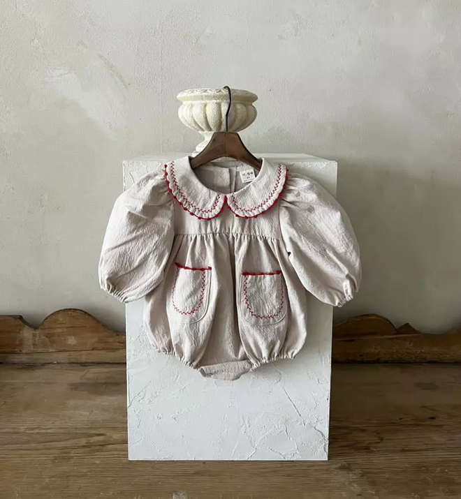 Red Stitching Bodysuit - Light Beige