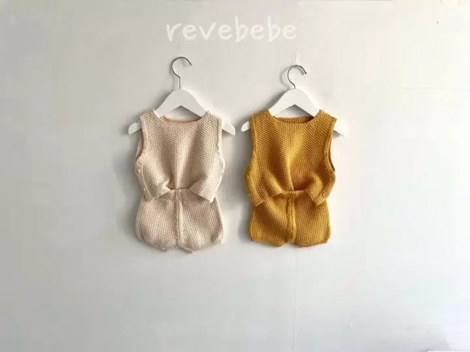 Button Knit Vest 2PC Set -beige