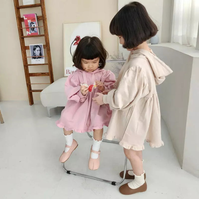 Hooded Beige Puffed Sleeve Dress